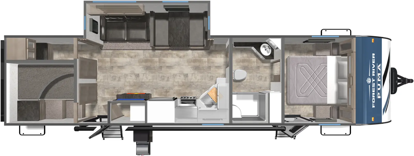 The Puma 337BH floorplan has two entries and one slide out. Exterior features include: metal exterior, 19' awning and outside kitchen. Interiors features include: bunk beds, loft, front bedroom and pass through bathroom.